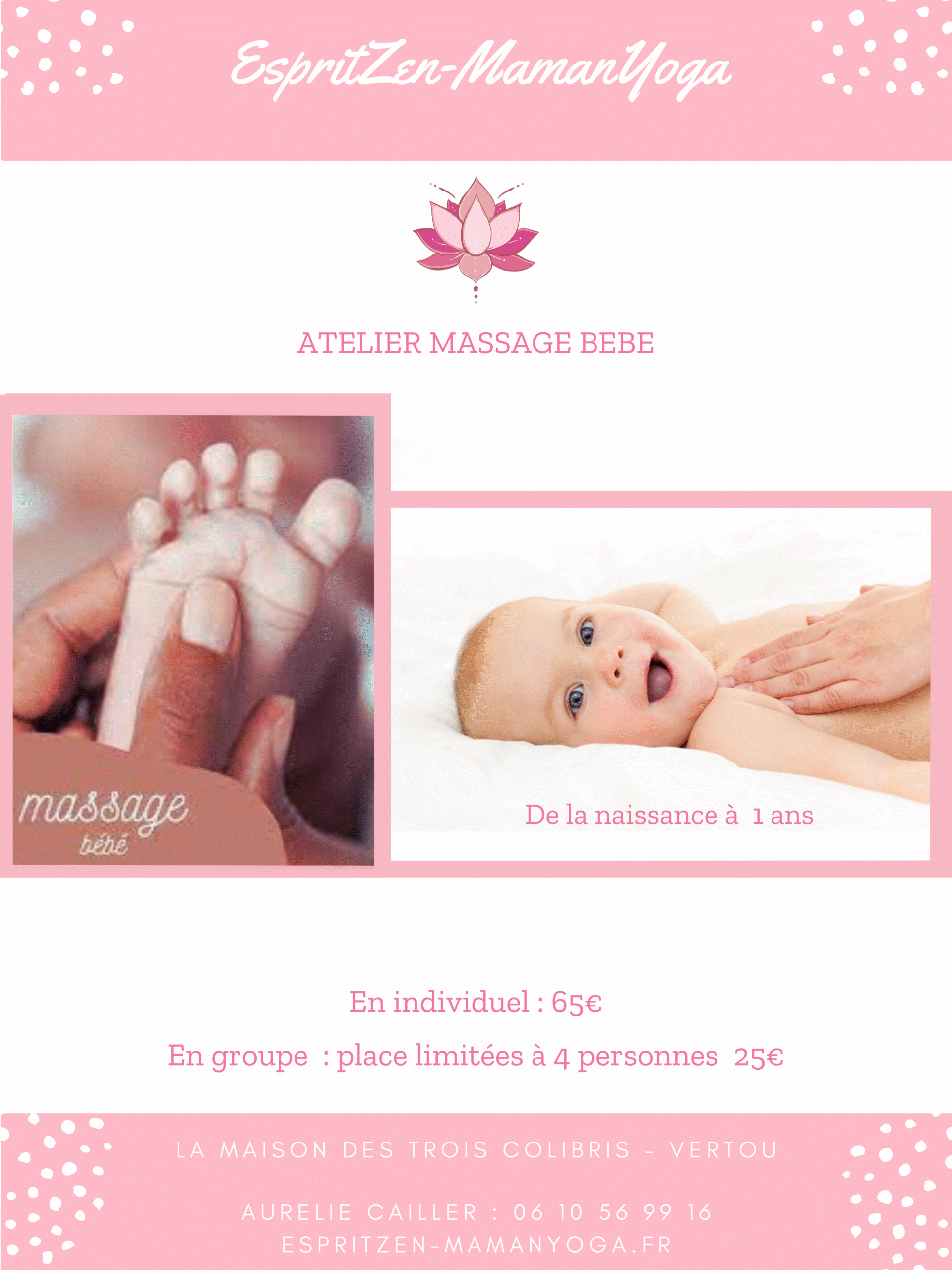 Offrez vous un moment unique avec votre bébé ! Par le toucher partager un moment d’amour envoyant un message de réconfort, de protection et d’attachement... Grâce au massage, l’enfant développe et coordonne ses sens et s’épanouit physique et émotionnellement